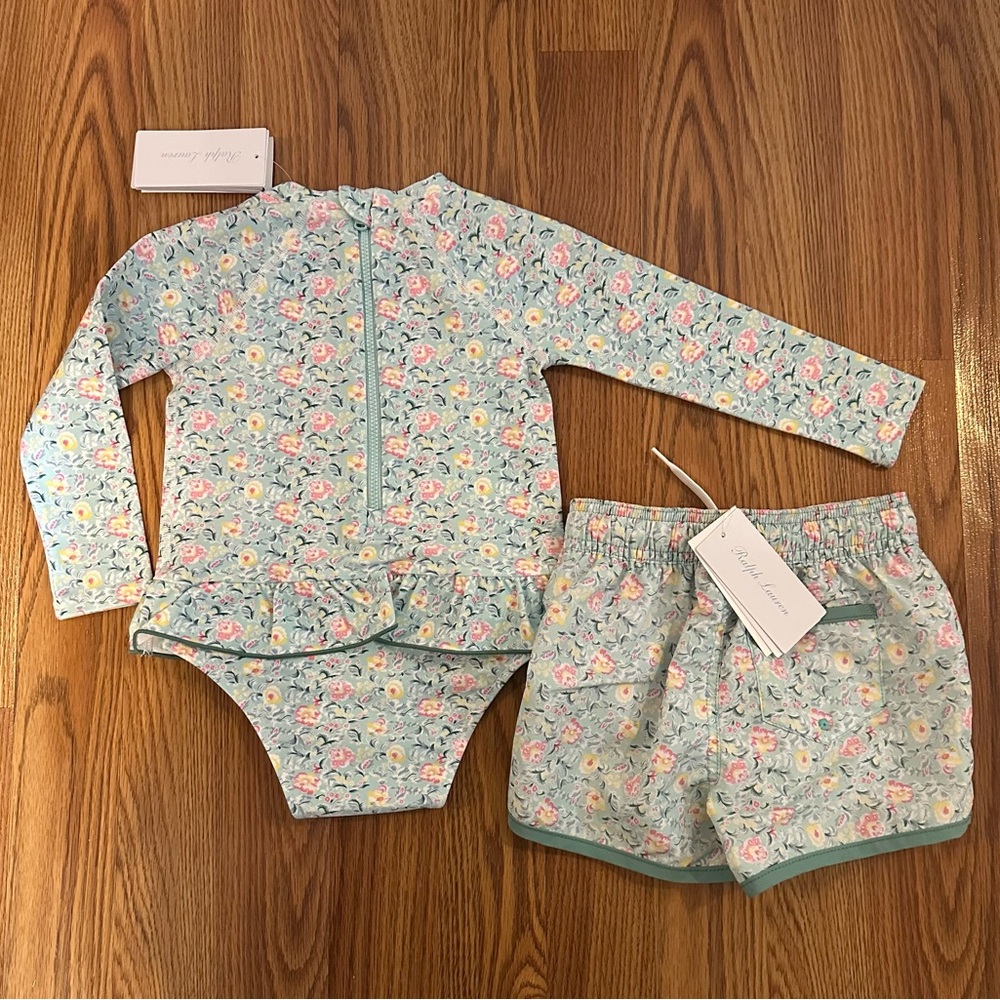 Polo Ralph Lauren Baby Floral Ruffled One-Piece Rash Guard & Swim Trunk 18-24M - Picture 2 of 6